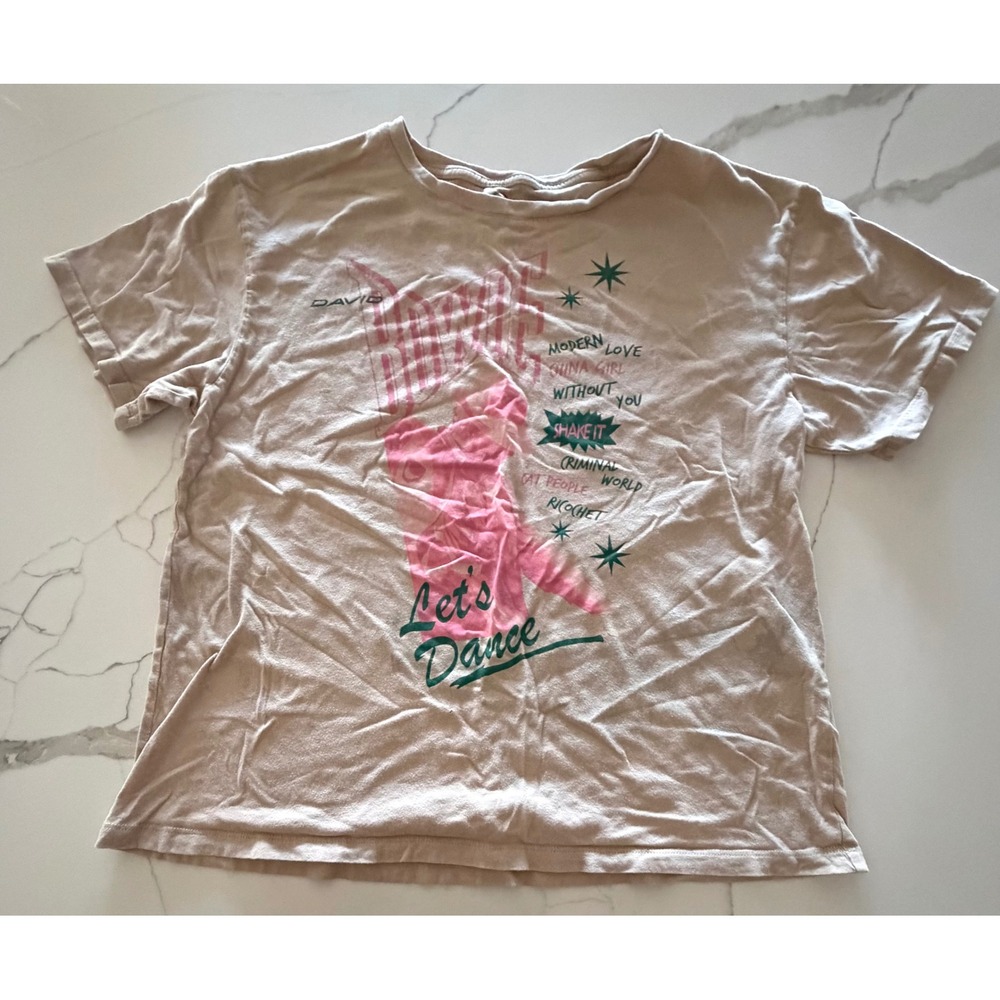 David Bowie Lets Dance Graphic T-Shirt Tan Pink Green‎ Medium Rock Band Tee
